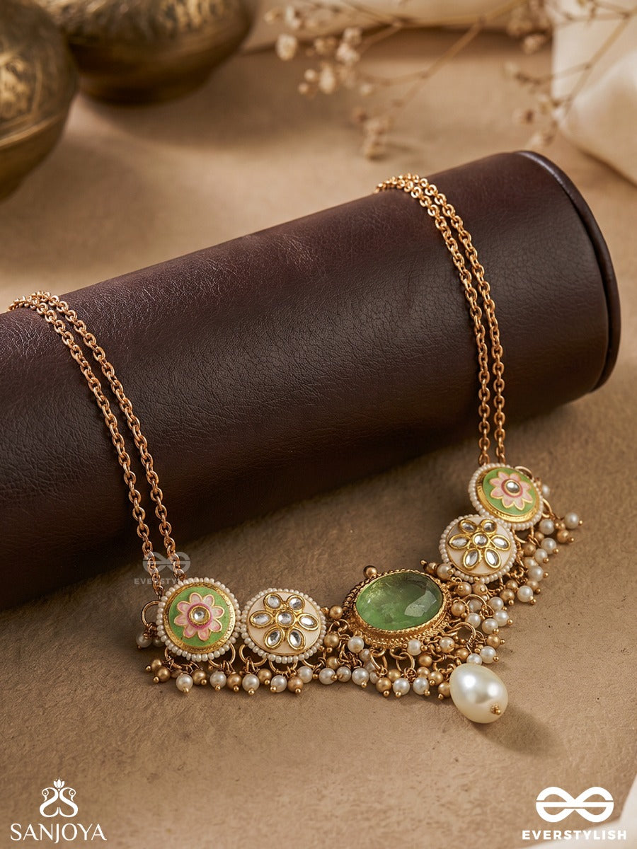 Marakatika - Emerald Glow - Ornate Necklace With Gemmed Medallions, Green Stone Centre And Delicate Gold Fringe