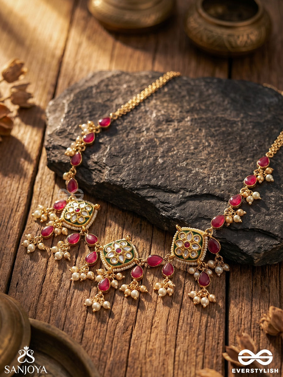 Maniketana - House Of Jewels - Festive Necklace With Gemmed Motifs And Ruby-Toned Drop Accents