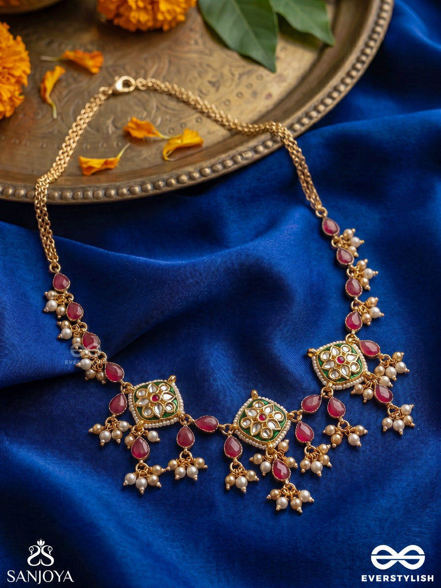Maniketana - House Of Jewels - Festive Necklace With Gemmed Motifs And Ruby-Toned Drop Accents