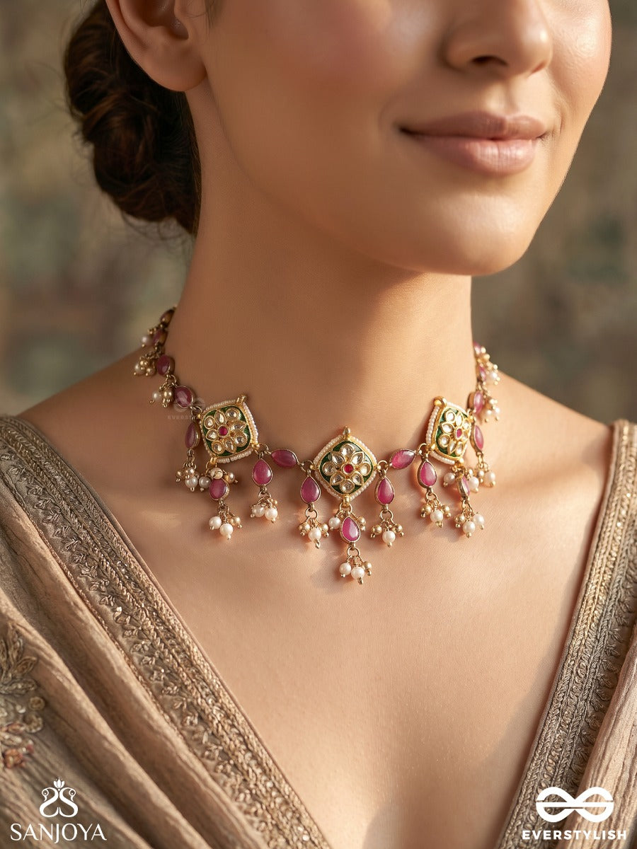 Maniketana - House Of Jewels - Festive Necklace With Gemmed Motifs And Ruby-Toned Drop Accents