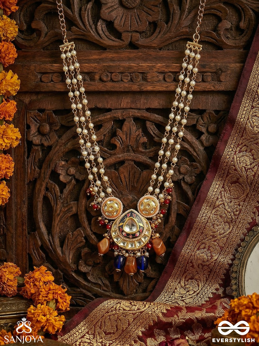 Indumandita - Moon Adorned - Festive Necklace With Layered Pearl Strands, Ornate Centre And Multi-Stone Drop Accents