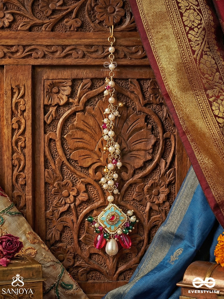Rangchandri - Coloured Moon - Ornate Maangtika With Gemmed Panel, Enamel Detail And Dangling Pearl Drops