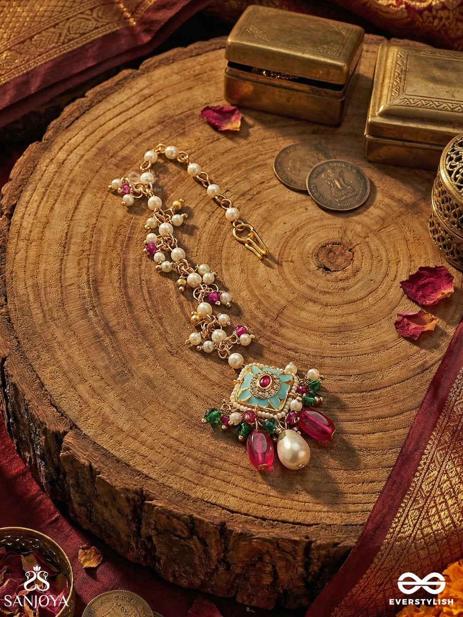 Rangchandri - Coloured Moon - Ornate Maangtika With Gemmed Panel, Enamel Detail And Dangling Pearl Drops