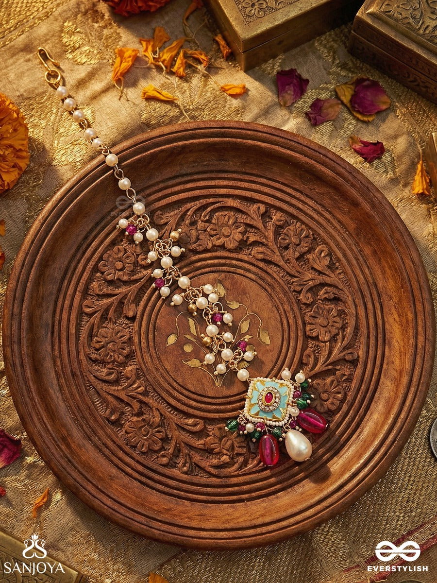 Rangchandri - Coloured Moon - Ornate Maangtika With Gemmed Panel, Enamel Detail And Dangling Pearl Drops