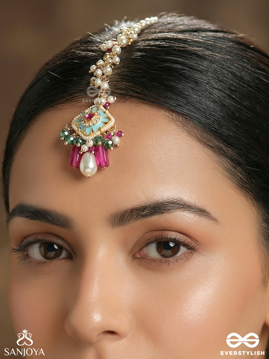 Rangchandri - Coloured Moon - Ornate Maangtika With Gemmed Panel, Enamel Detail And Dangling Pearl Drops