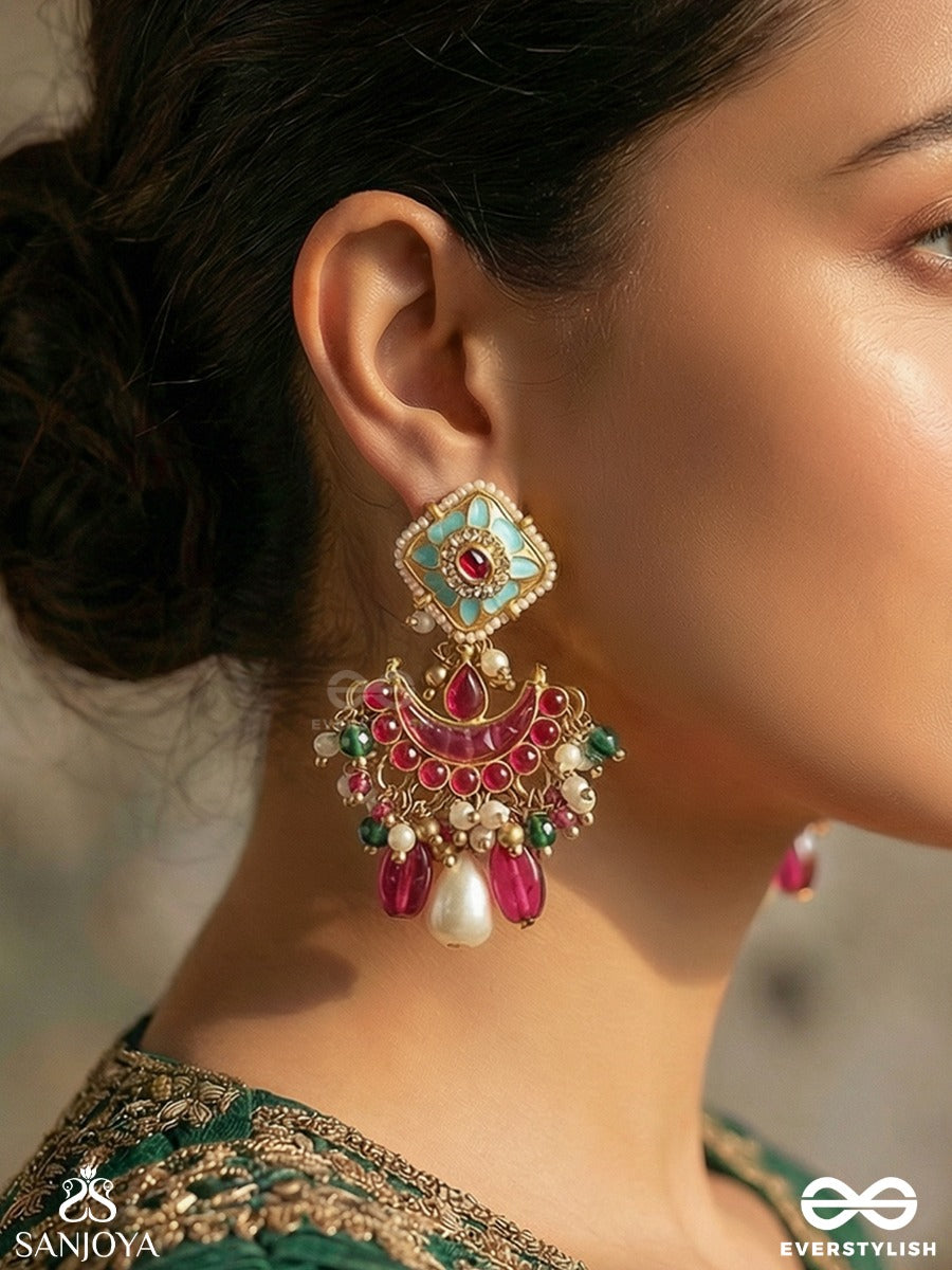 Rangchandri - Coloured Moon - Statement Earrings With Enamelled Crescent, Ruby-Toned Stones And Pearl Drop Accents