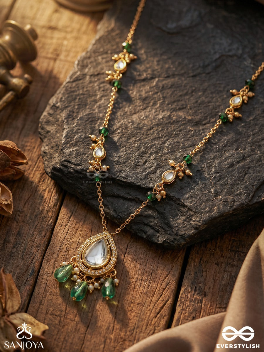 Haritlekha - Green Trace - Delicate Necklace With Slender Chain, Gemmed Pendant And Green Drop Accents