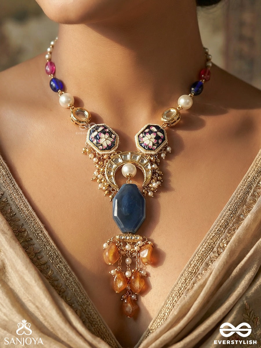 Vasurangika - Treasured Hues - Festive Long Necklace With Embellished Elements And Multi-Drop Fringe
