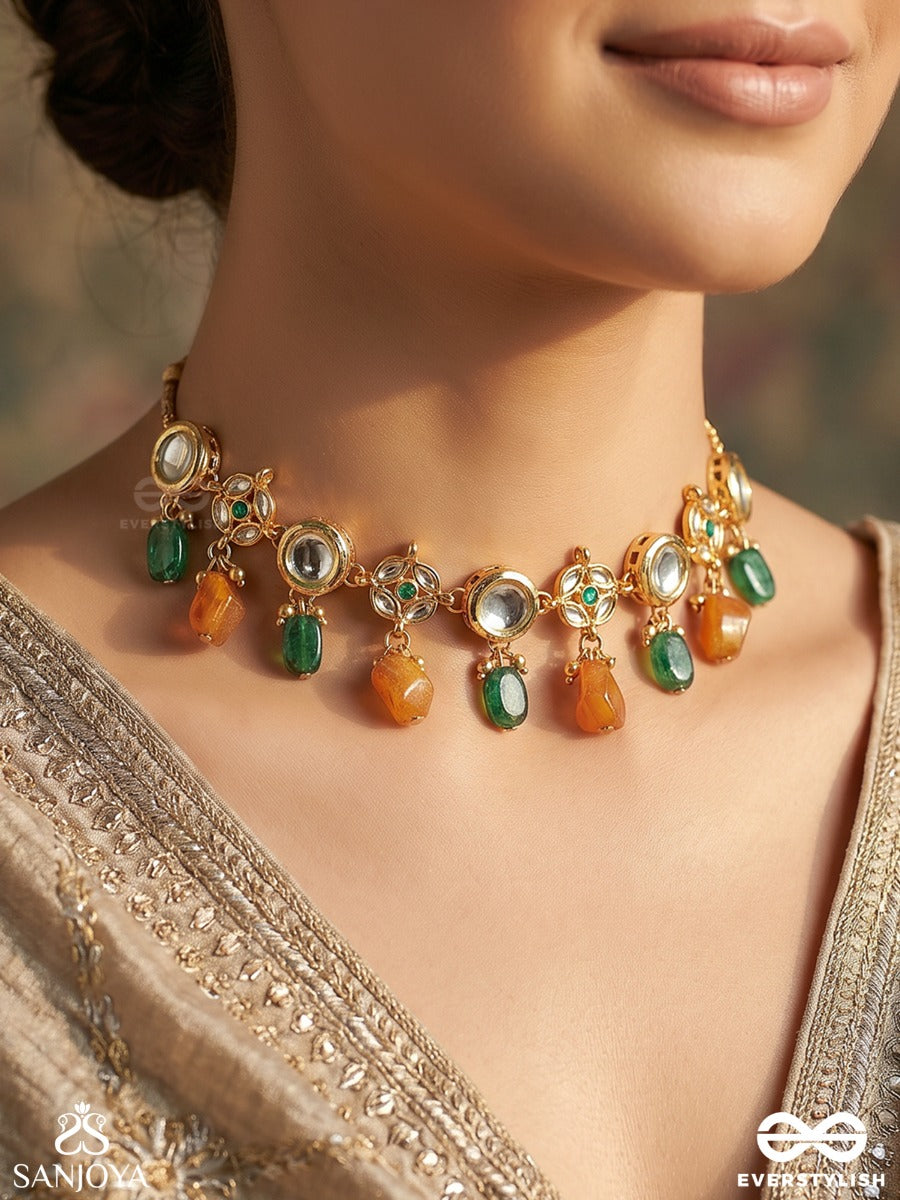 Rangaveni - Braid Of Colours - Festive Necklace With Gemmed Links, Multi-Colour Drops And Delicate Accent Chains