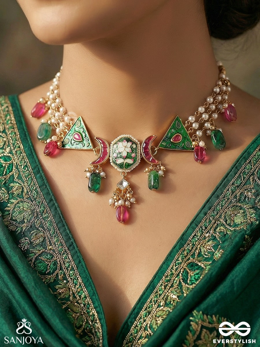 Chandralekha - Moon Arc - Delicate Necklace With Crescent Motif, Gemmed Panels And Multi-Drop Accents