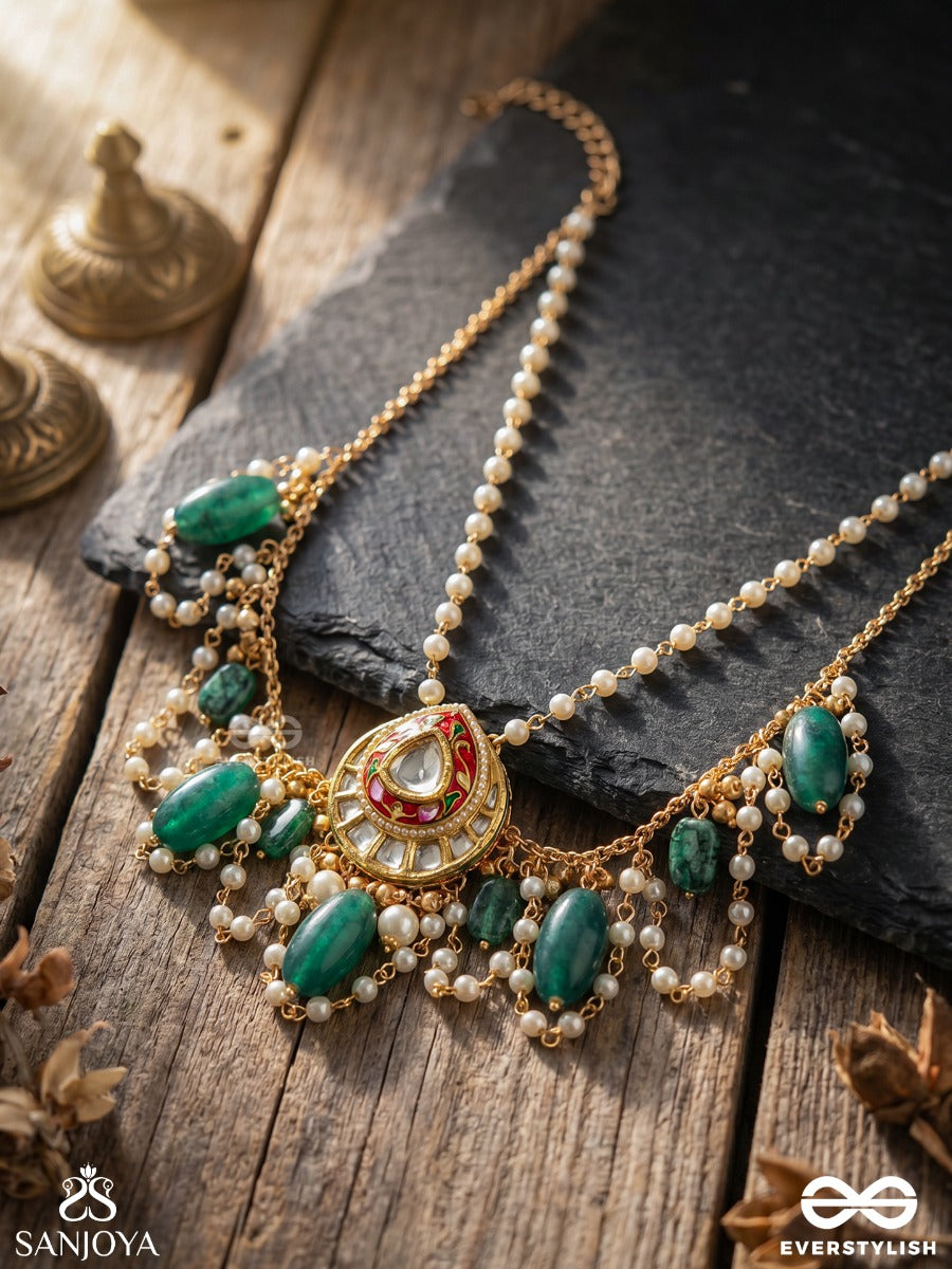 Haritratika - Green Adornment - Festive Necklace With Enamelled Centre, Layered Chains And Emerald Drop Accents
