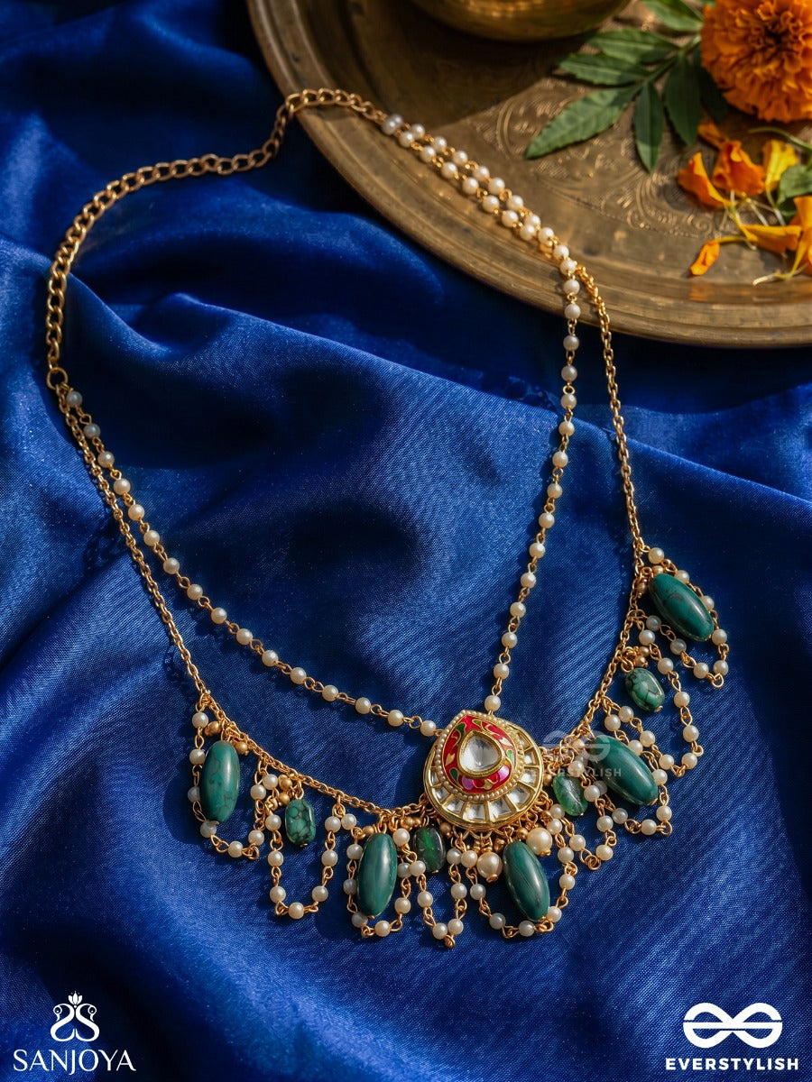 Haritratika - Green Adornment - Festive Necklace With Enamelled Centre, Layered Chains And Emerald Drop Accents