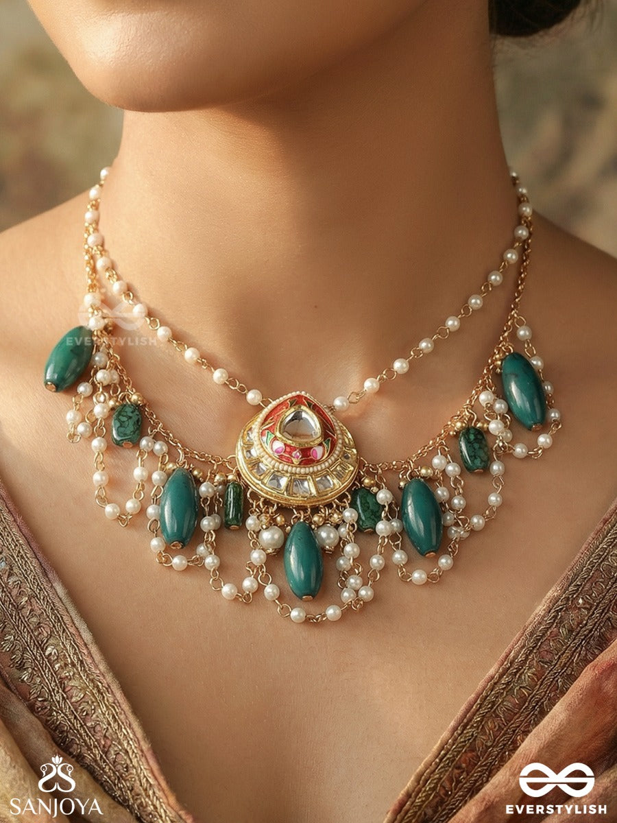 Haritratika - Green Adornment - Festive Necklace With Enamelled Centre, Layered Chains And Emerald Drop Accents
