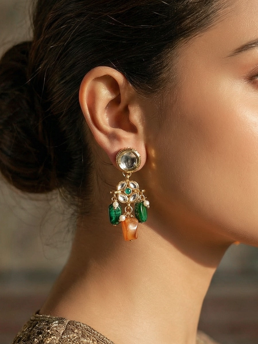 Rangaveni - Braid Of Colours - Ornate Earrings With Embellished Panel, Clustered Details And Dangling Stones