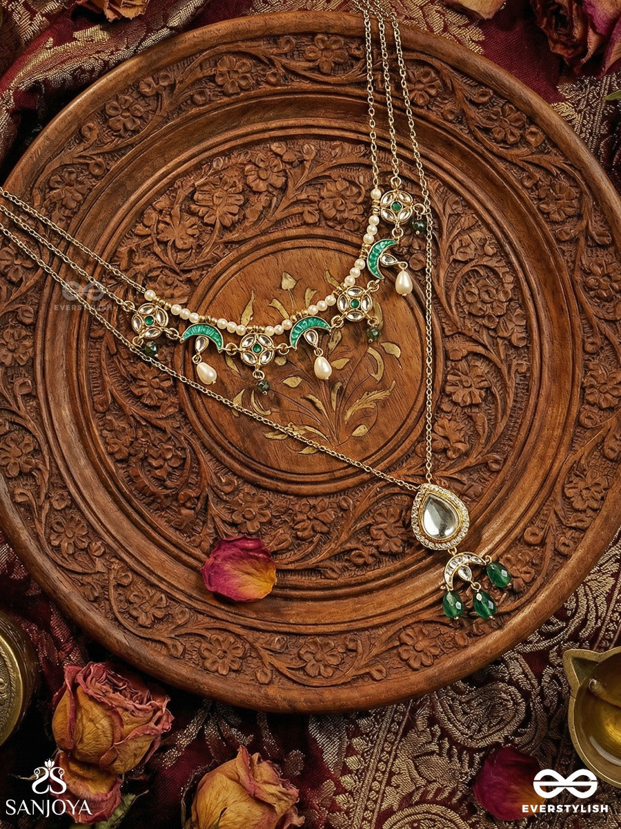 Haritshraya - Green Abode - Elegant Necklace With Delicate Chain, Gemmed Centre And Dangling Green Drop Accents
