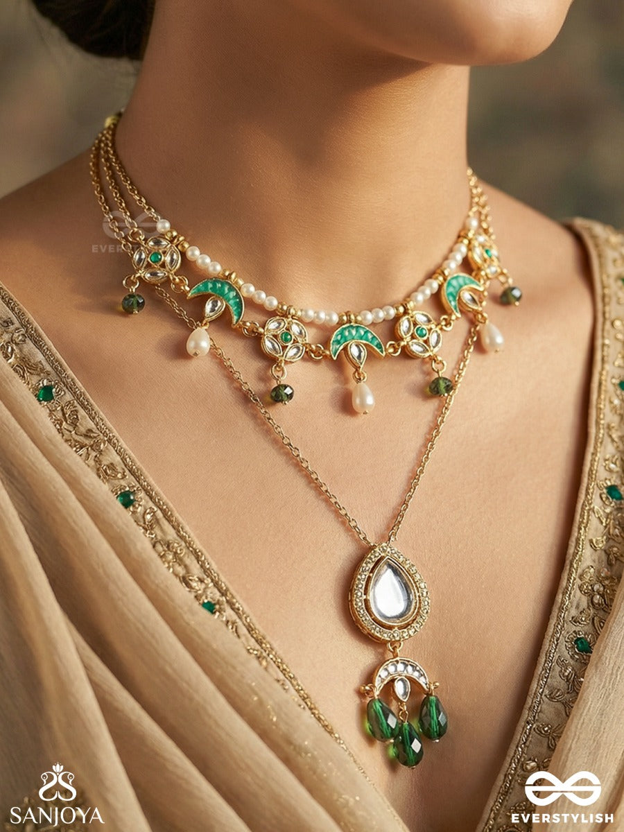 Haritshraya - Green Abode - Elegant Necklace With Delicate Chain, Gemmed Centre And Dangling Green Drop Accents
