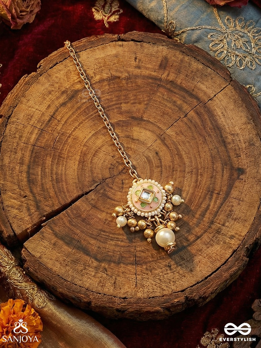 Mriduveni - Calm Seal - Elegant Maangtika With With Enamelled Motifs And Pearl Drop Accent