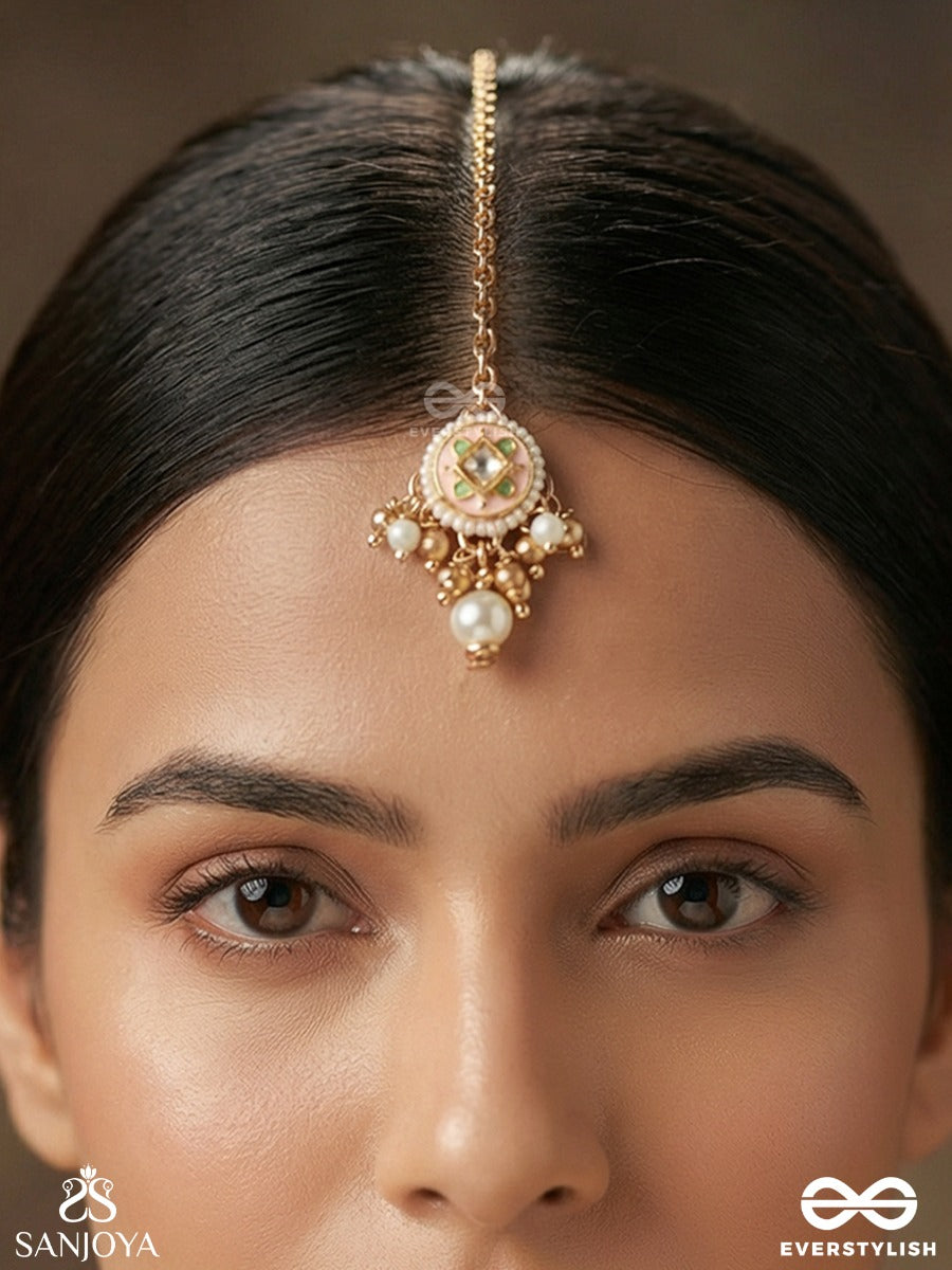 Mriduveni - Calm Seal - Elegant Maangtika With With Enamelled Motifs And Pearl Drop Accent