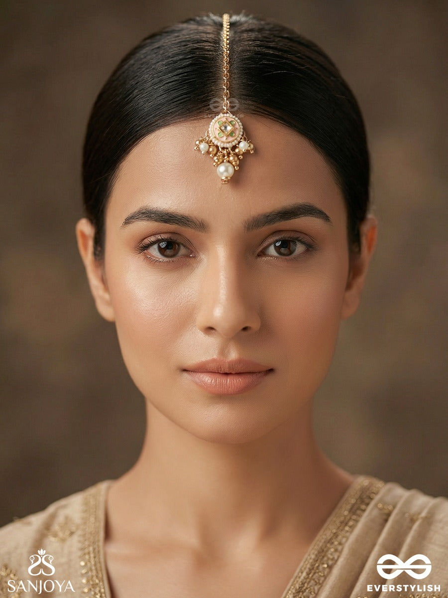 Mriduveni - Calm Seal - Elegant Maangtika With With Enamelled Motifs And Pearl Drop Accent
