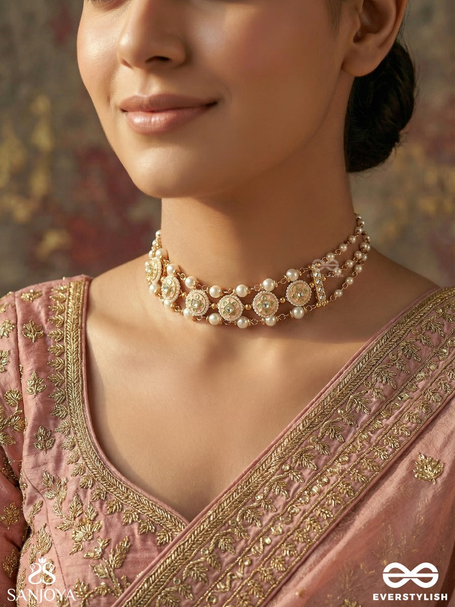 Kanakmudrika - Golden Seal - Festive Necklace With Repeating Medallions And Pearl Fringe Detail