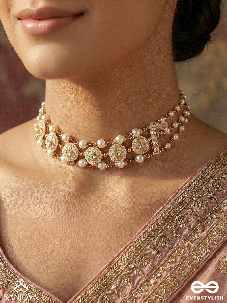 Kanakmudrika - Golden Seal - Festive Necklace With Repeating Medallions And Pearl Fringe Detail