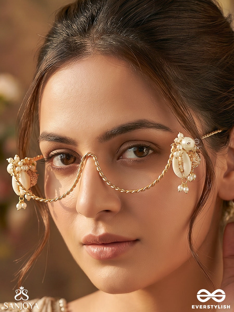 Noorisha – Celestial Bloom – Elegant Face Let With Baroque Pearl Drops And Delicate Gold Chain Drapes