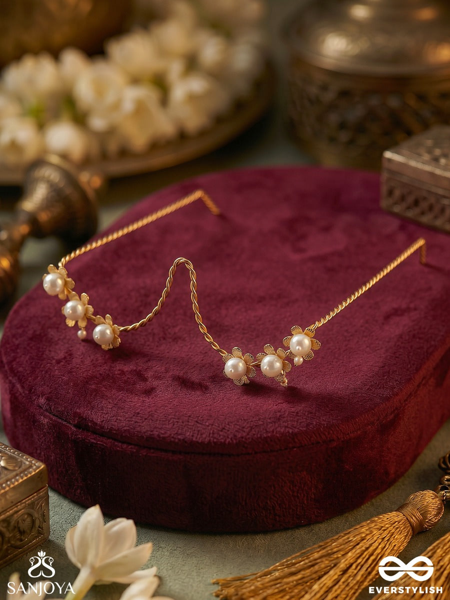 Ruhaani – Soft Lustre – Delicate Face Let With Floral Pearl Clusters And Soft Gold Chain Drapes
