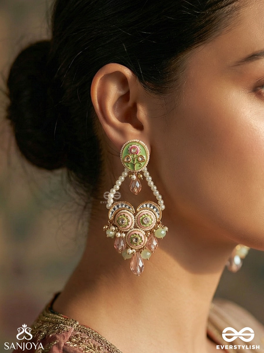 Mrinalshobha - Lotus Grace - Ornate Earrings With Floral Panels And Dangling Blush Stone Details