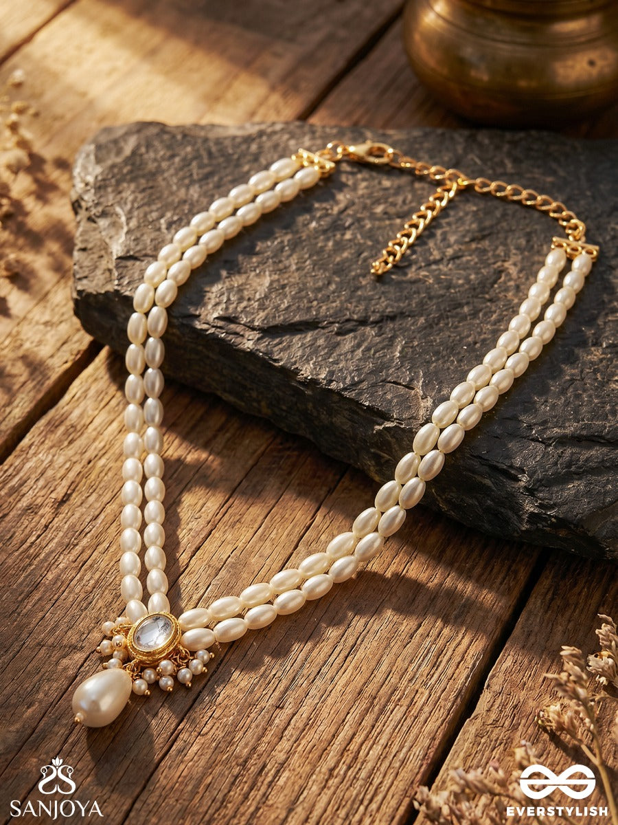 Muktavallari - Pearl Cascade - Elegant Necklace With Ornamental Top Clustered Pearl Detail And Single Dangler