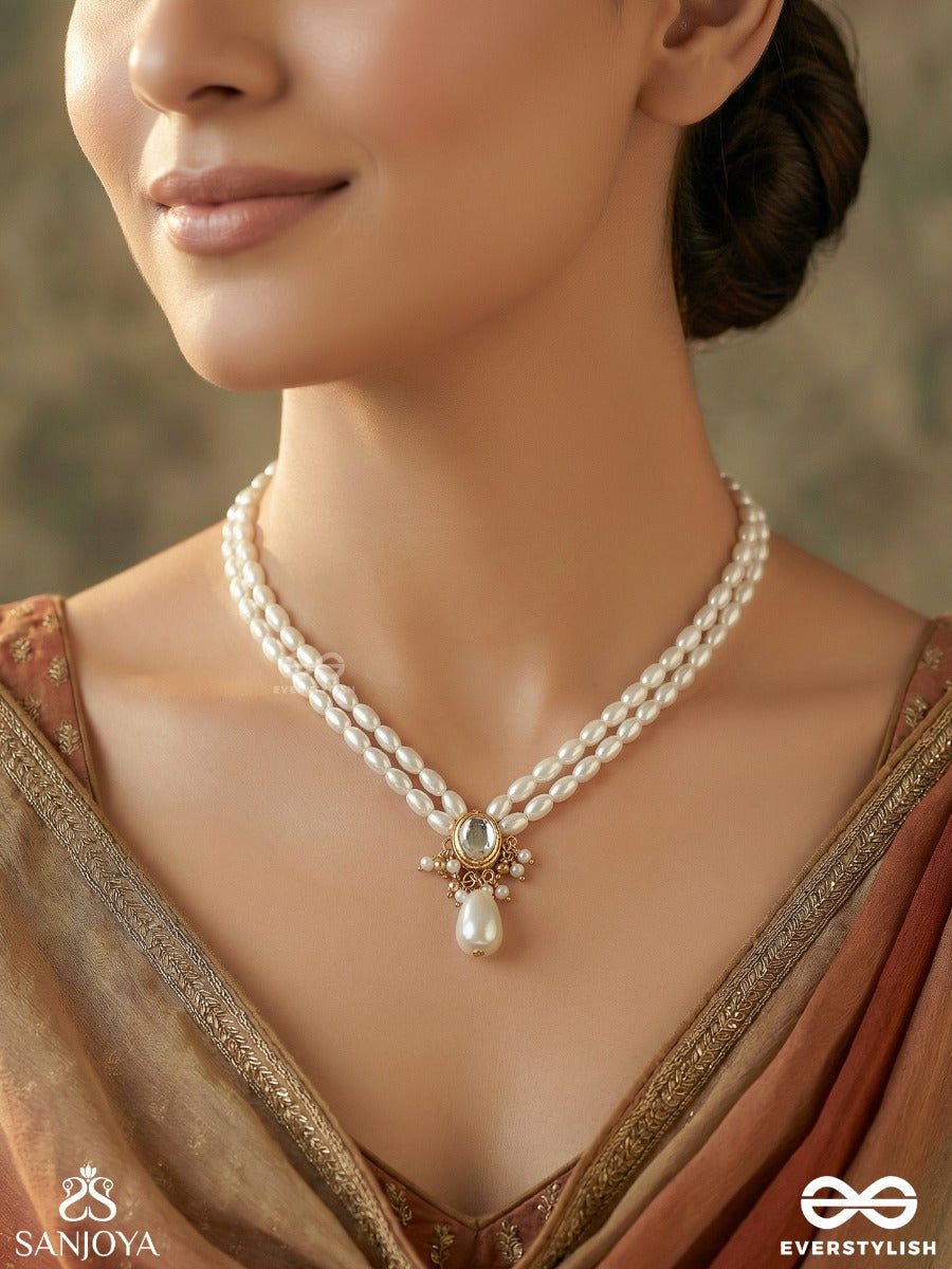 Muktavallari - Pearl Cascade - Elegant Necklace With Ornamental Top Clustered Pearl Detail And Single Dangler
