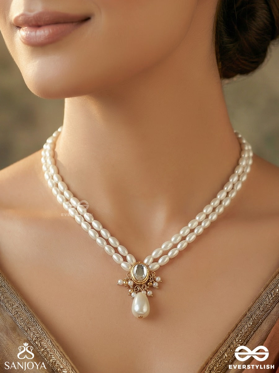 Muktavallari - Pearl Cascade - Elegant Necklace With Ornamental Top Clustered Pearl Detail And Single Dangler