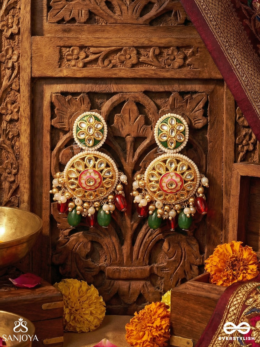 Kanakchitrini - Golden Artistry - Ornate Earrings With Embellished Panels, Clustered Elements And Multi-Colour Drops