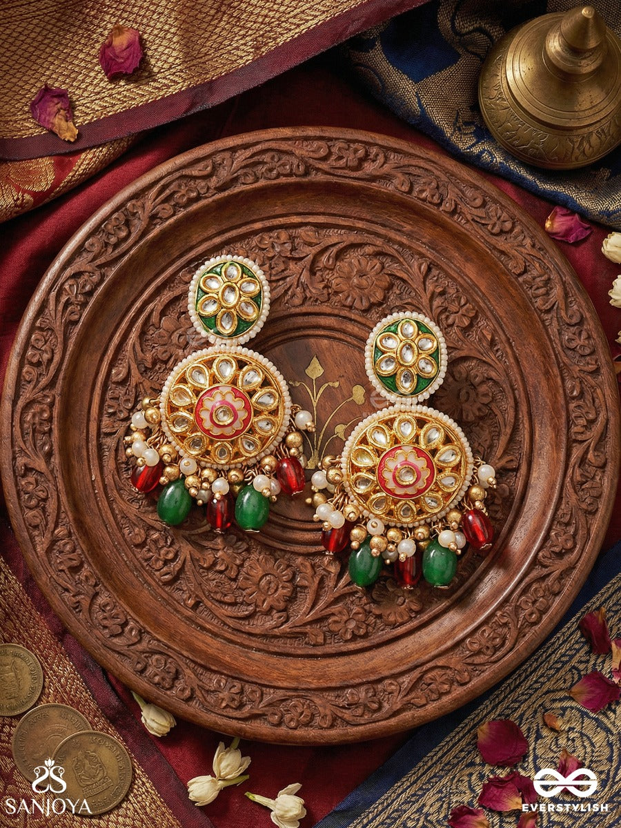 Kanakchitrini - Golden Artistry - Ornate Earrings With Embellished Panels, Clustered Elements And Multi-Colour Drops