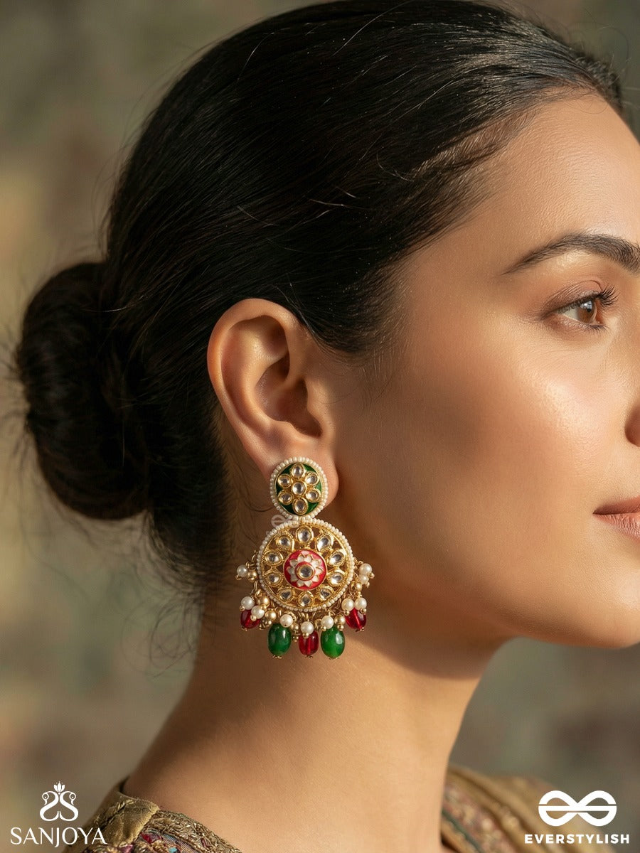 Kanakchitrini - Golden Artistry - Ornate Earrings With Embellished Panels, Clustered Elements And Multi-Colour Drops