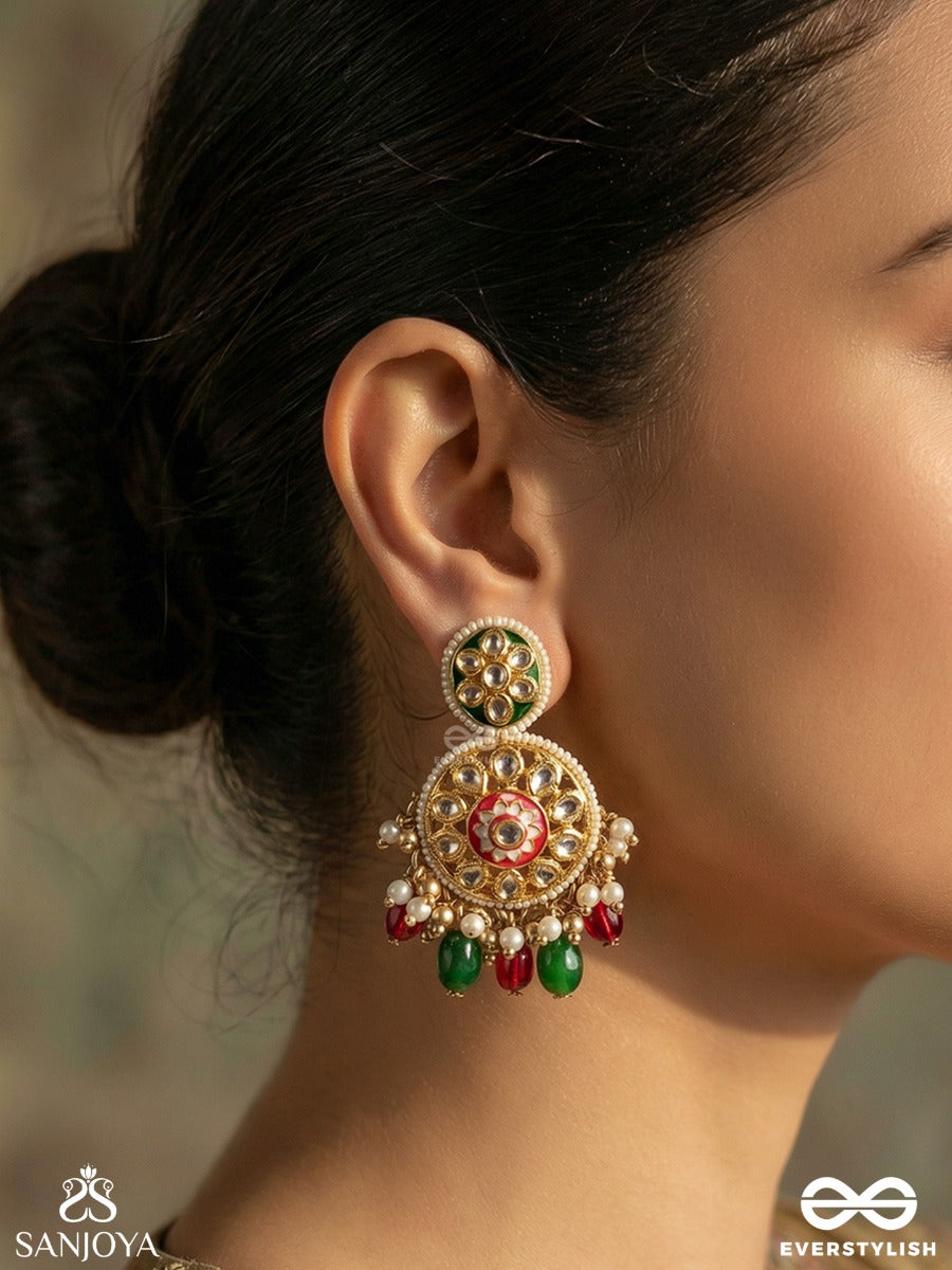 Kanakchitrini - Golden Artistry - Ornate Earrings With Embellished Panels, Clustered Elements And Multi-Colour Drops