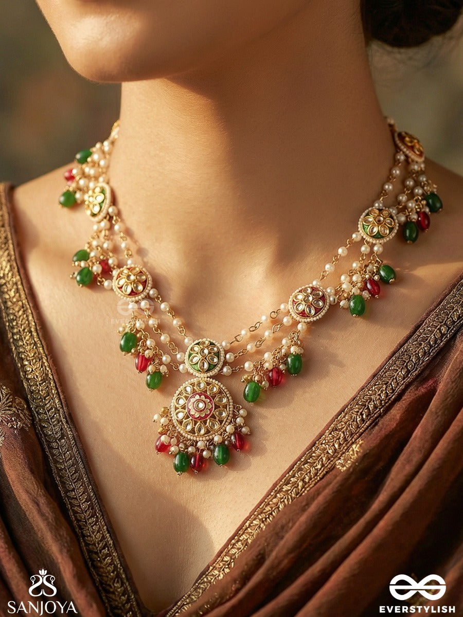 Kanakchitrini - Golden Artistry - Festive Necklace With Enamelled Medallions, Multi-Strand Pearls And Colourful Drop Accents