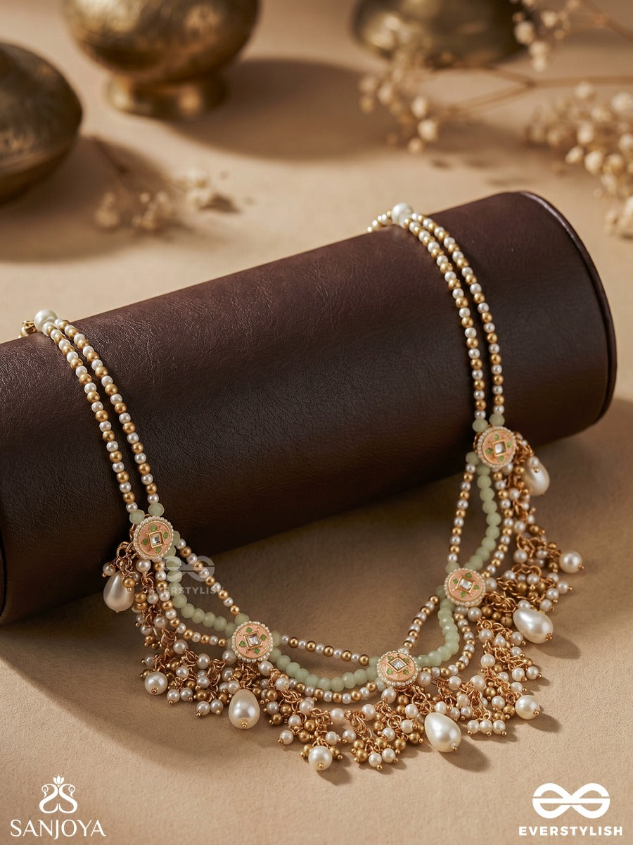 Mriduveni - Soft Braid - Elegant Necklace With Enamelled Motifs, Flowing Drapes And Pearl Drop Fringe
