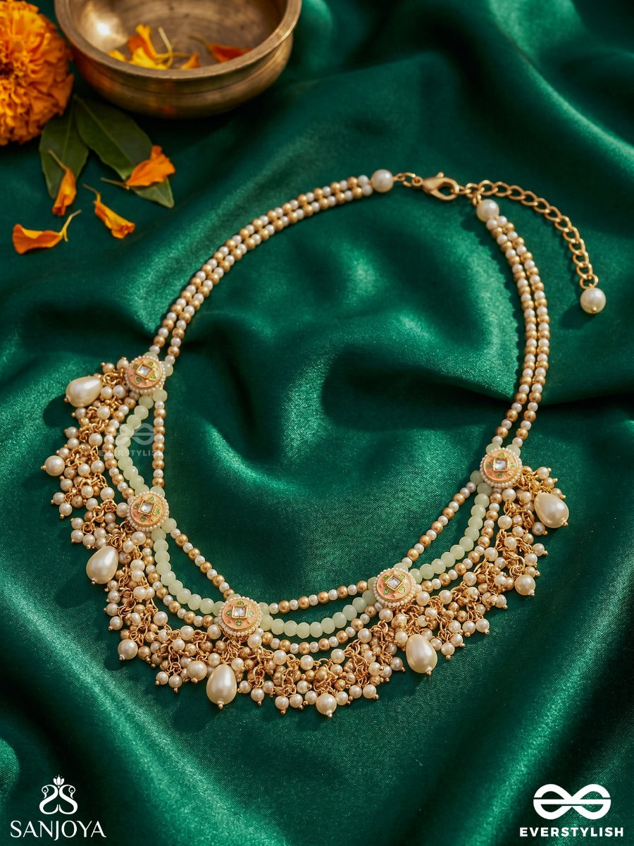 Mriduveni - Soft Braid - Elegant Necklace With Enamelled Motifs, Flowing Drapes And Pearl Drop Fringe