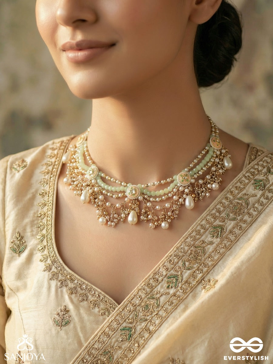Mriduveni - Soft Braid - Elegant Necklace With Enamelled Motifs, Flowing Drapes And Pearl Drop Fringe