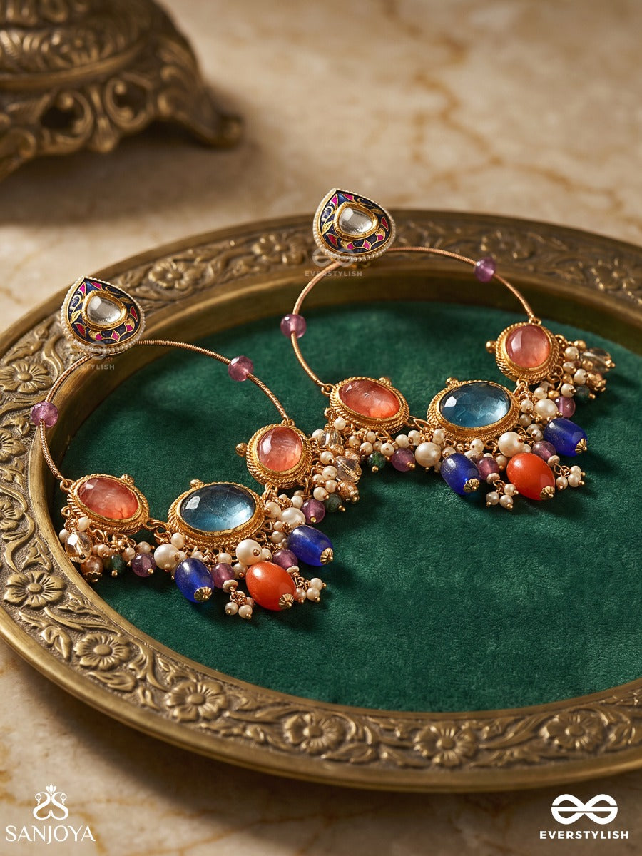 Maniratika - Jewelled Ornament - Ornate Earrings With Gemmed Panel And Colourful Dangling Details