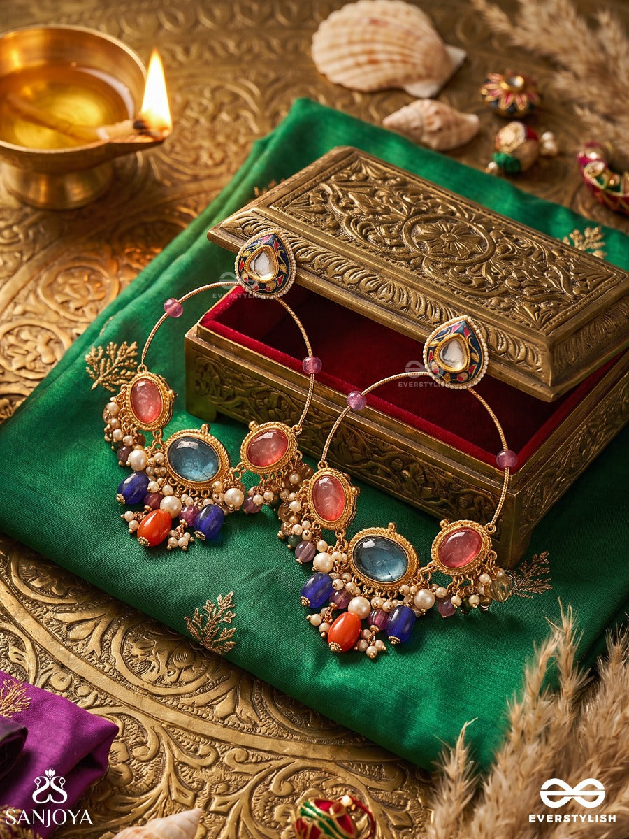 Maniratika - Jewelled Ornament - Ornate Earrings With Gemmed Panel And Colourful Dangling Details
