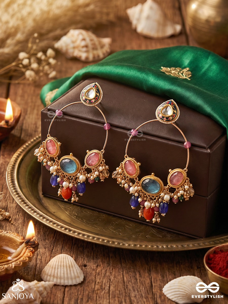 Maniratika - Jewelled Ornament - Ornate Earrings With Gemmed Panel And Colourful Dangling Details