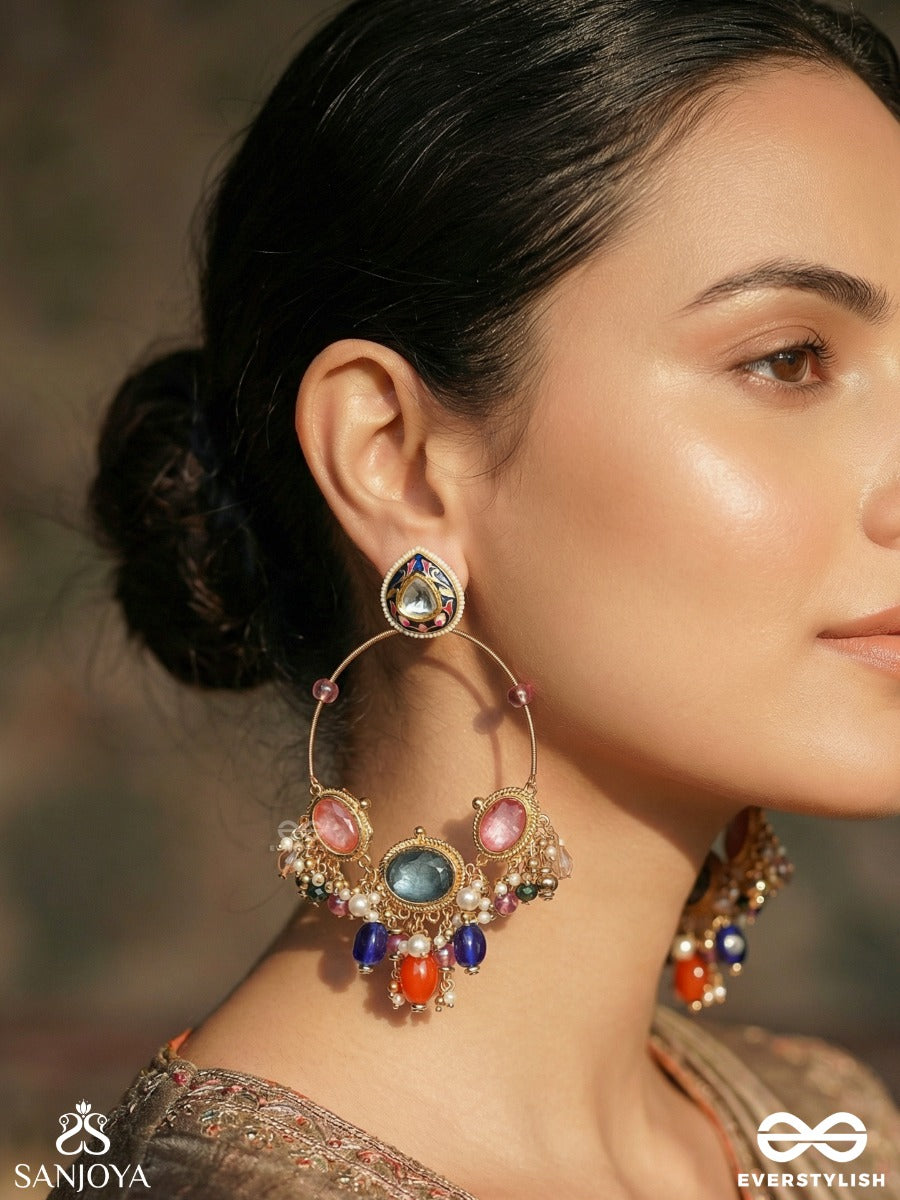 Maniratika - Jewelled Ornament - Ornate Earrings With Gemmed Panel And Colourful Dangling Details