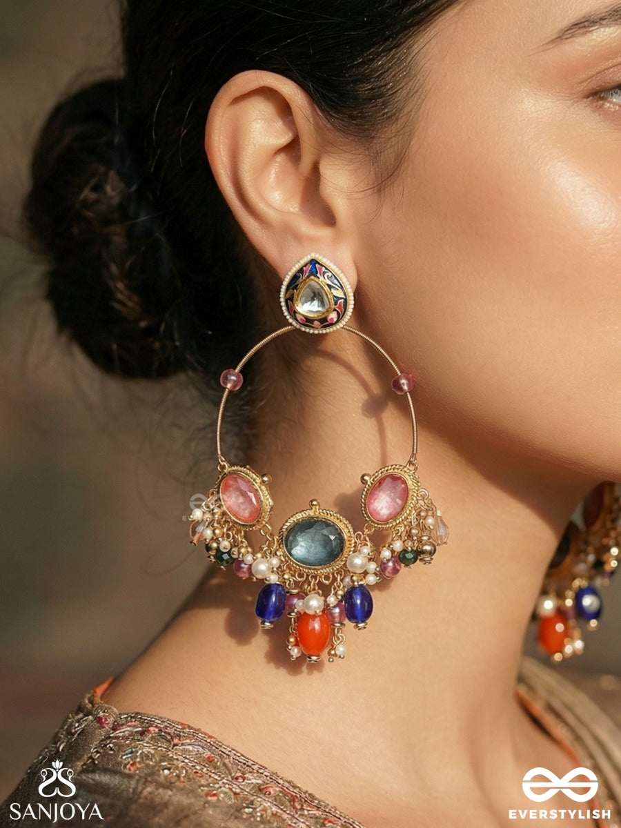 Maniratika - Jewelled Ornament - Ornate Earrings With Gemmed Panel And Colourful Dangling Details