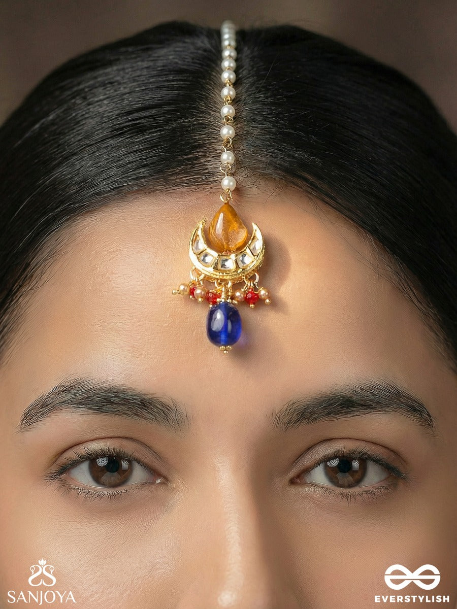 Indumandita - Moon Adorned - Delicate Maangtika With Crescent Motif, Pearl Chain And Multi-Stone Drop Accents