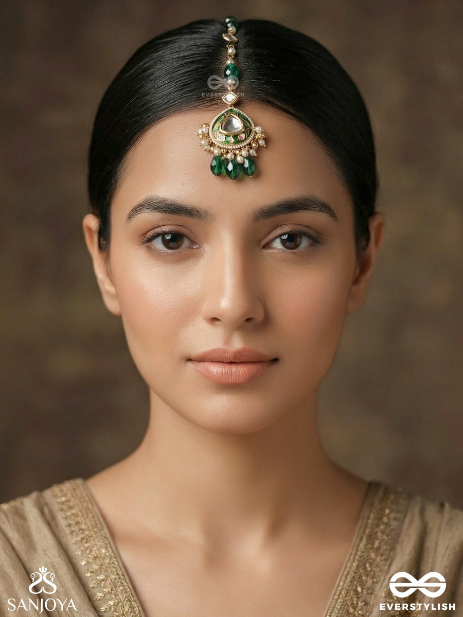 Vasuharini - Treasured Green - Elegant Maangtika With Ornamental Motif And Multi-Drop Details