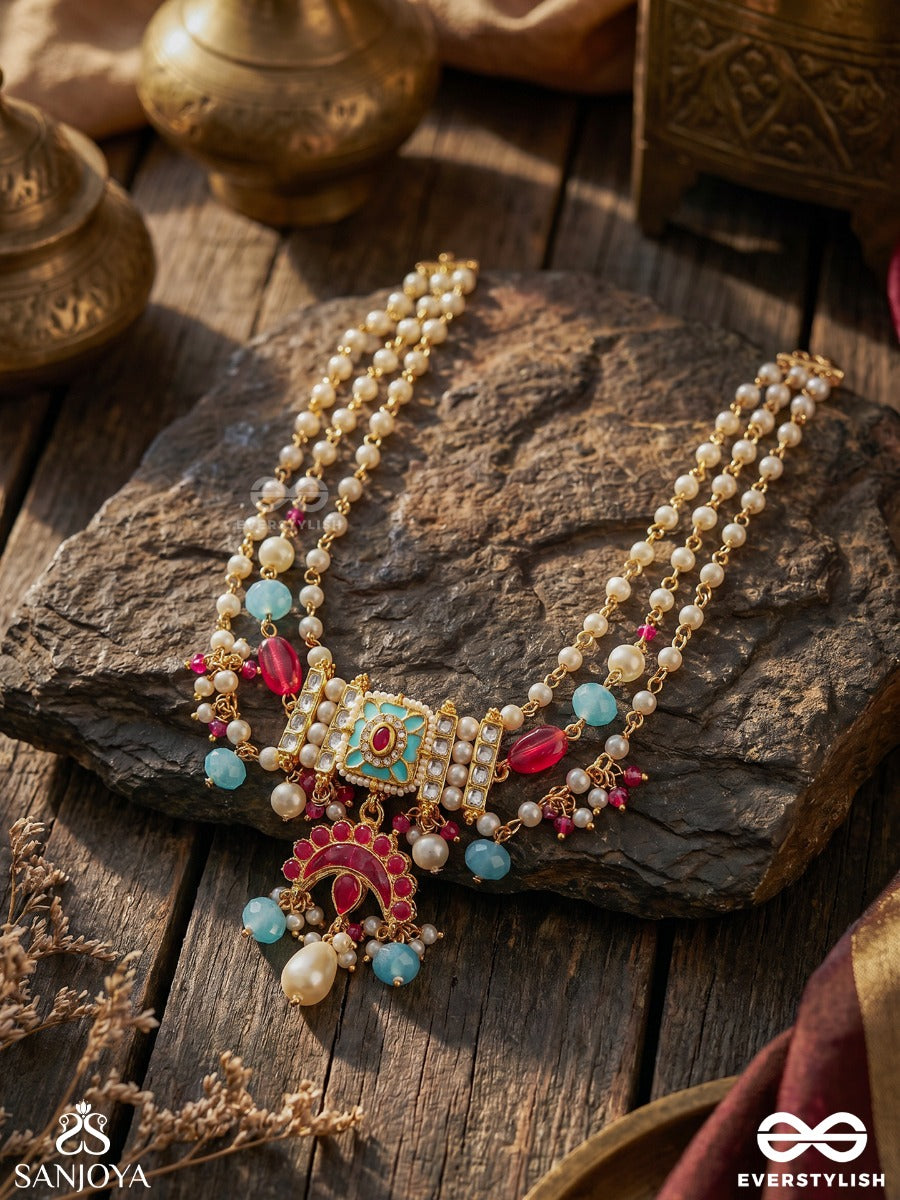 Rangchandri - Coloured Moon - Festive Necklace With Multi-Strand Beads, Enamelled Centrepiece And Drop Accents