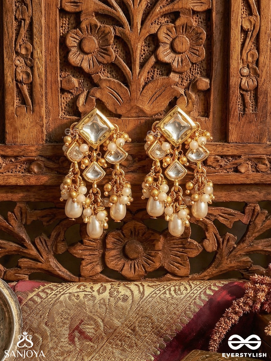 Vitanshri - Ornamental Spread - Delicate Earrings With Structured Gem Block, Clustered Pearl Chains And Dangling Accents