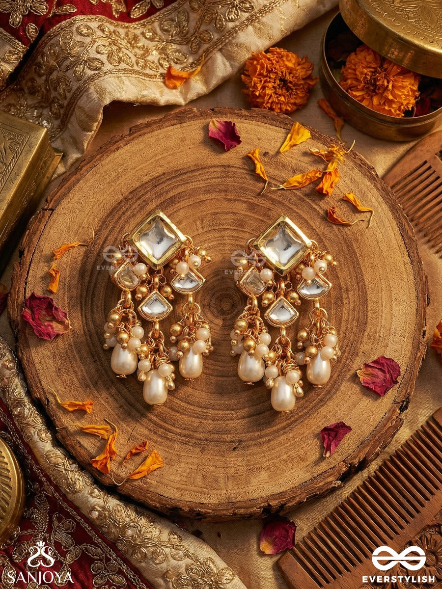 Vitanshri - Ornamental Spread - Delicate Earrings With Structured Gem Block, Clustered Pearl Chains And Dangling Accents