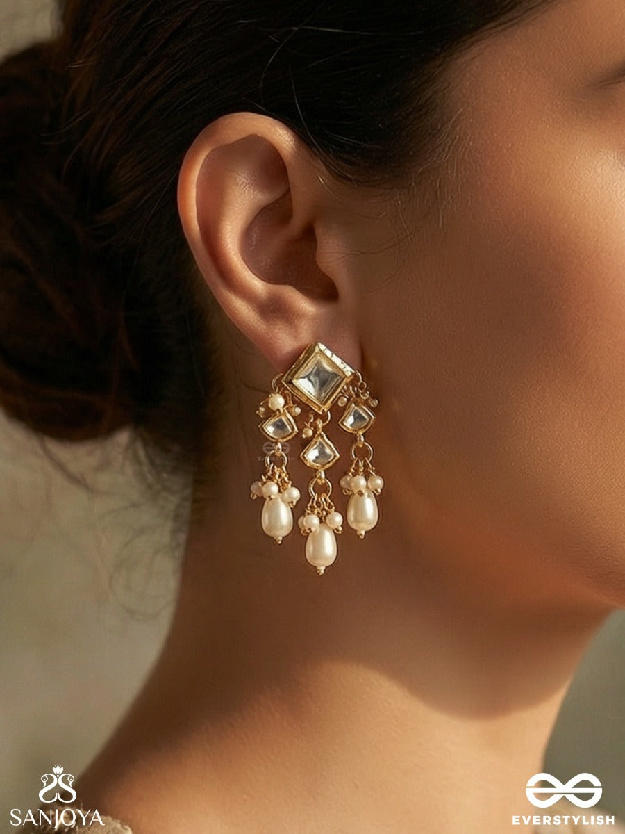 Vitanshri - Ornamental Spread - Delicate Earrings With Structured Gem Block, Clustered Pearl Chains And Dangling Accents